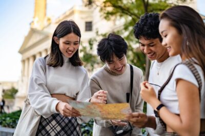 Chinese tourists reading map